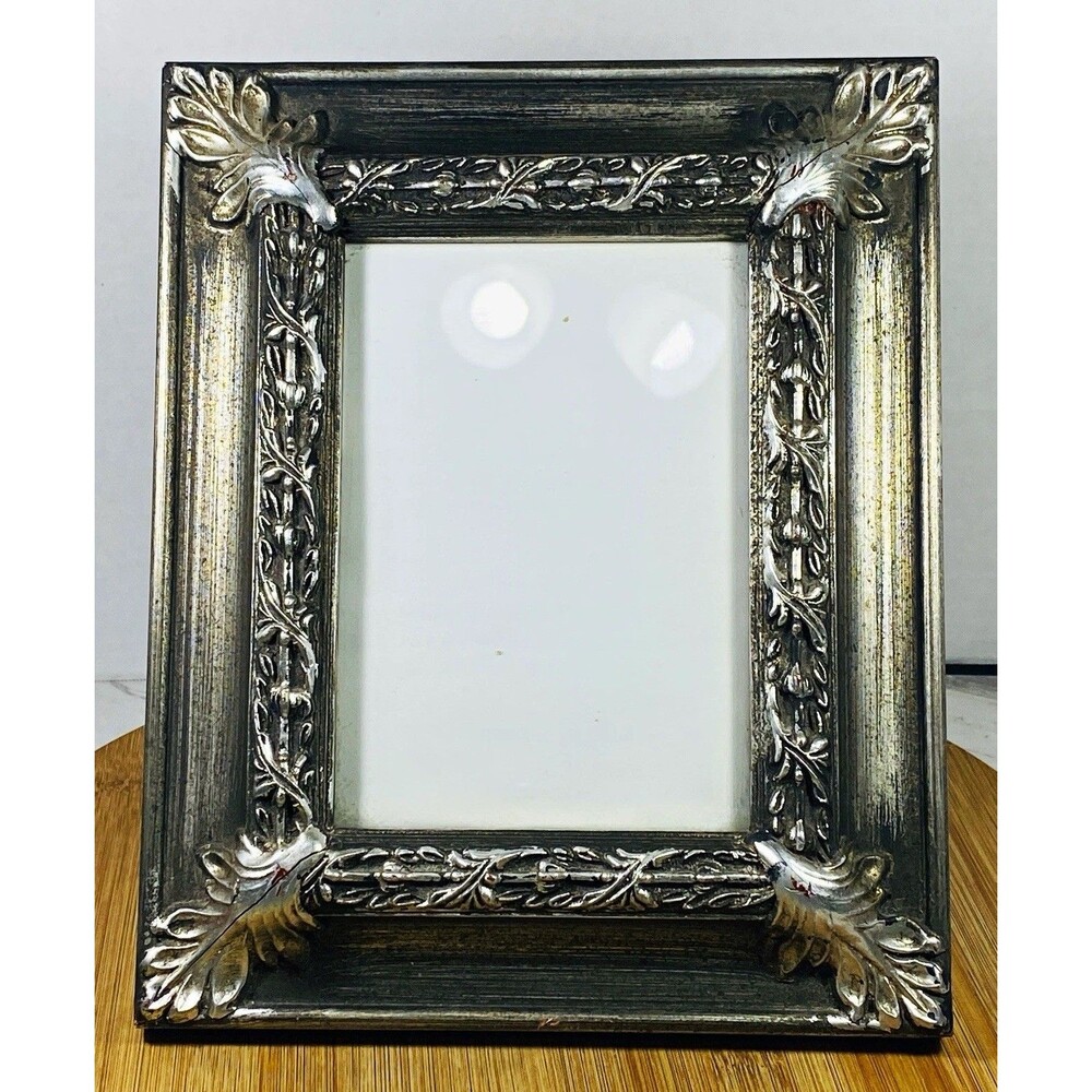 VTG Ornate Floral Silver wood Freestanding Photo Frame 10.5”x8.5”—-pic 6.5”x4.5”